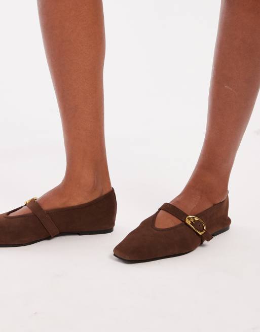 ASOS DESIGN Lava premium chisel toe mary jane ballet flats in chocolate suede