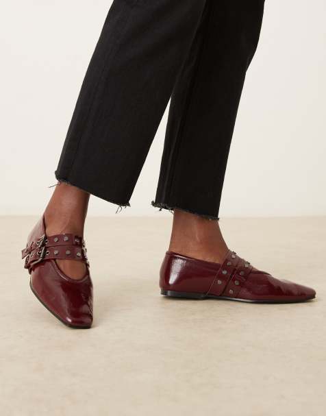 ASOS DESIGN Lava premium chisel toe mary jane ballet shoes in burgundy leather - view 1