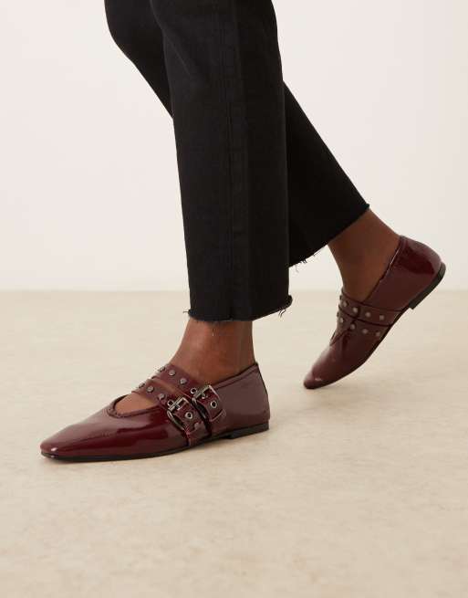 ASOS DESIGN Lava premium chisel toe mary jane ballet shoes in burgundy leather, 4 of 4