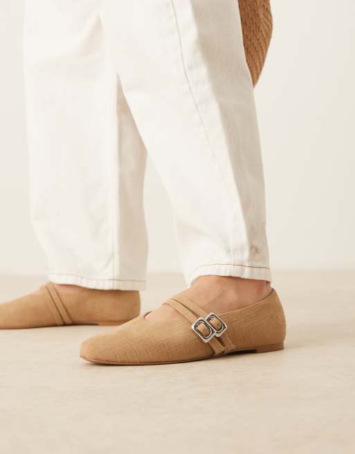ASOS DESIGN Lavender double-strap maryjane ballet flats in taupe weave suedette