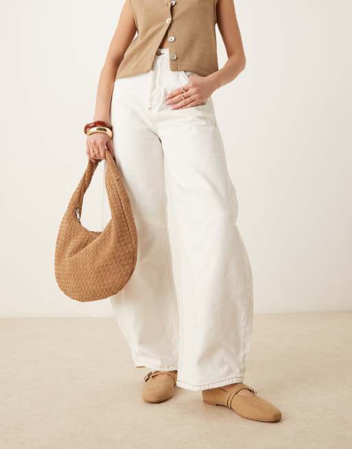 ASOS DESIGN Lavender double-strap maryjane ballet flats in taupe weave suedette