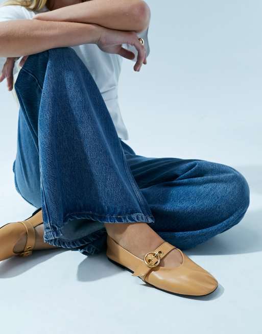 ASOS DESIGN – Lavish – Ballerinas im Mary-Jane-Stil aus hochwertigem Leder in Hellbraun