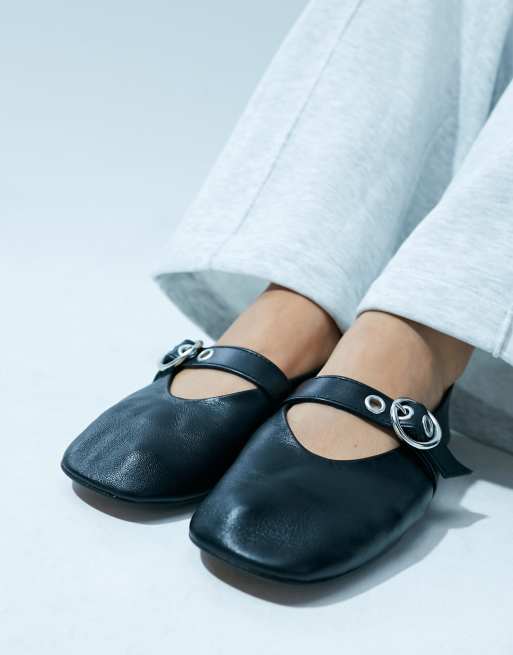 ASOS DESIGN Lavish Premium Leather Mary jane ballet flats in black