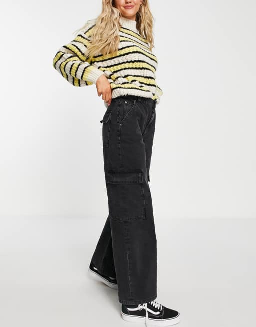 ASOS DESIGN - Lavtaljede cargo-jeans i sort vasket bomuldsblanding - BLACK