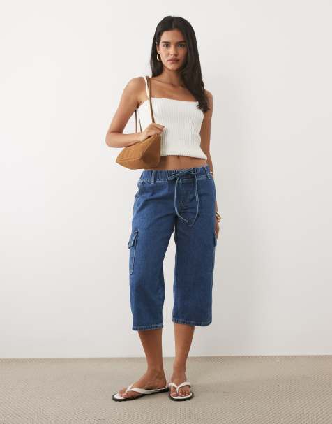 ASOS DESIGN lavtaljede utility-capribukser i mellemvask blå - view 1