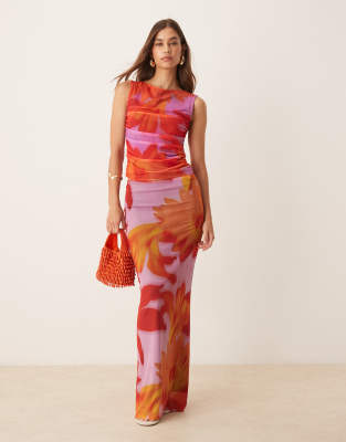 ASOS DESIGN - Lavtaljet nederdel i mesh med orange tropisk blomsterprint - Del af sæt - view 1