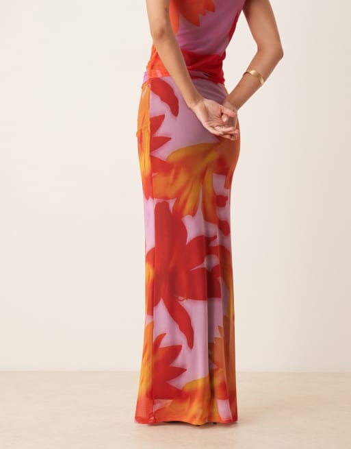 ASOS DESIGN - Lavtaljet nederdel i mesh med orange tropisk blomsterprint - Del af sæt, 3 af 5