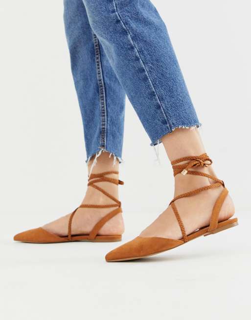 pointed toe tie up flats