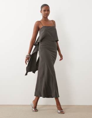 Asos Design Layered Cami Satin Maxi Dress In Gray