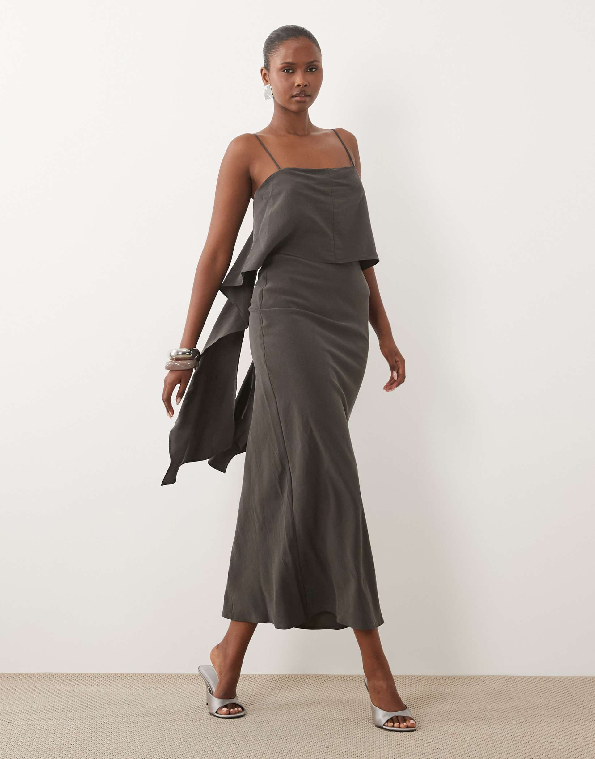 asos design layered cami satin maxi dress in chocolate brown