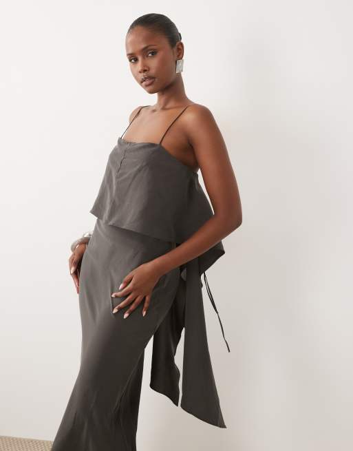 ASOS DESIGN layered cami satin maxi dress in chocolate brown, 3 of 4