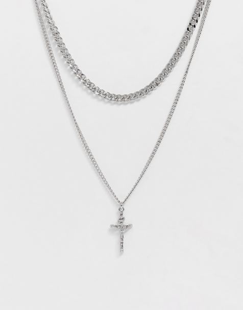 ASOS DESIGN layered chain necklace with cross in silver - view 1