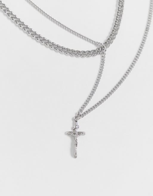 ASOS DESIGN layered chain necklace with cross in silver   , 2 of 4