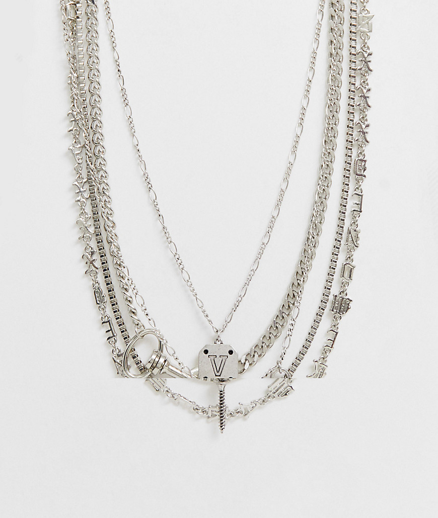 ASOS DESIGN Layered chain pack with charm detail in silver tone
