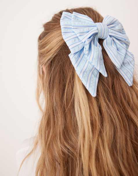 ASOS DESIGN layered hair bow in blue stripes - view 1