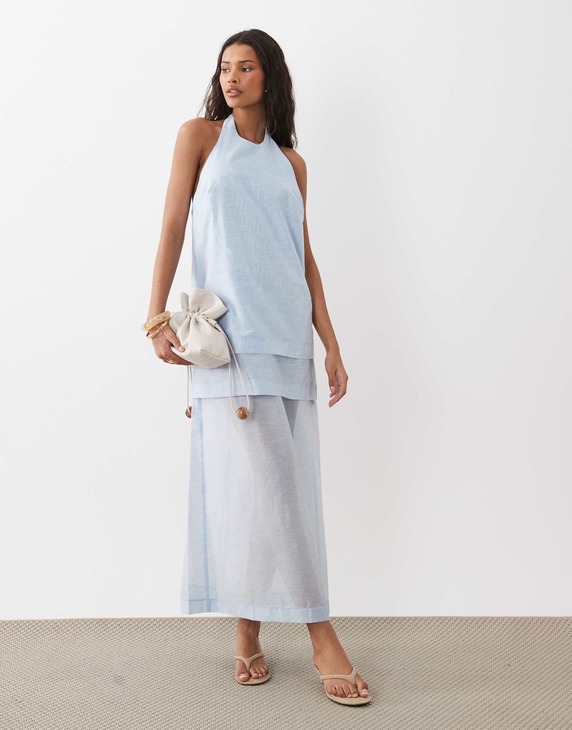 asos design layered halter neck column midi dress in light blue