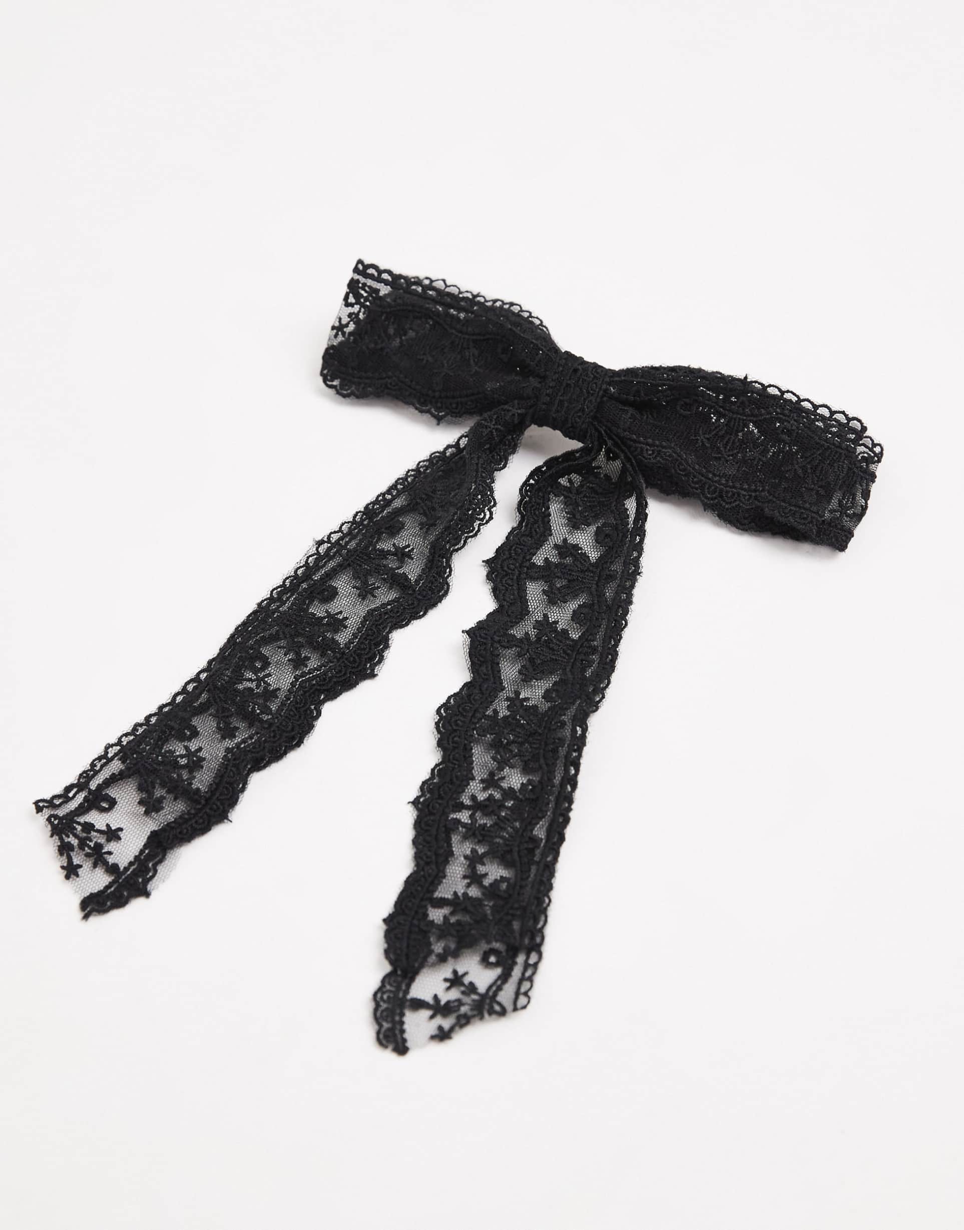 asos design layered lace hair bow clip in black