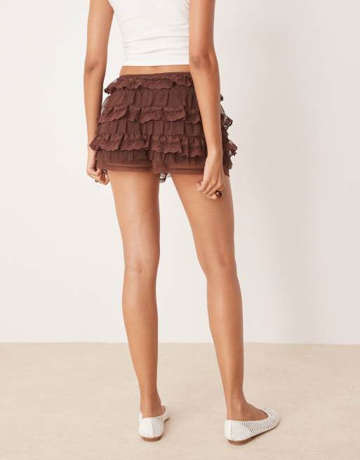 ASOS DESIGN layered lace ruffle micro shorts in chocolate, 4 of 5