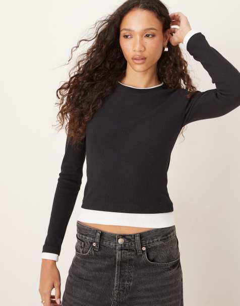 ASOS DESIGN layered long sleeve monochrome top in black - view 1