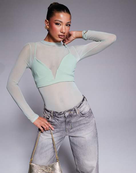 ASOS DESIGN layered mesh bodysuit with plunge bralet in sage - view 1