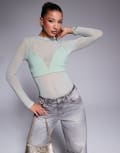[ASOS DESIGN] ASOS DESIGN layered mesh bodysuit with plunge bralet in sage-Green XS Sage