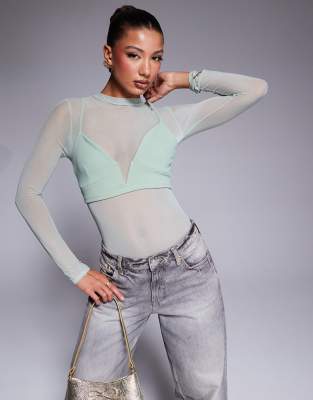 Asos Design Layered Mesh Bodysuit With Plunge Bralette In Sage-green