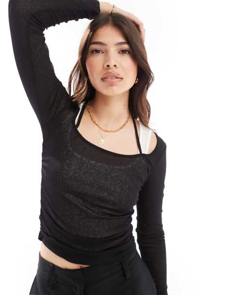 ASOS DESIGN layered mesh top with halter straps in black - view 1