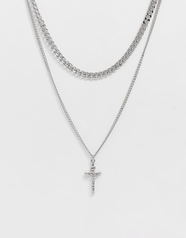 ASOS DESIGN layered neck chain with cross in silver tone