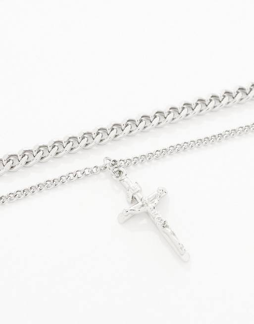 ASOS DESIGN layered neck chain with cross in silver tone, 2 of 4
