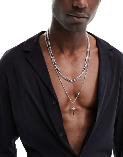 ASOS DESIGN layered neck chain with cross in silver tone, 3 of 4
