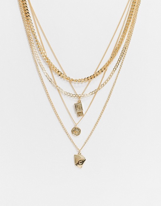 ASOS DESIGN 5 pack layered neckchain with charms in gold tone