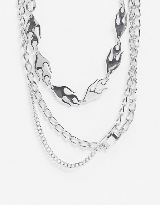 ASOS DESIGN short chunky layered neckchains with flame design in silver tone