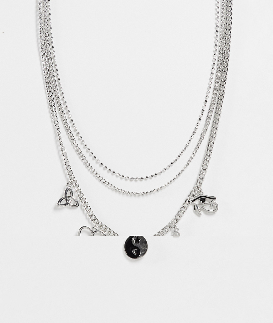 ASOS DESIGN layered neckchain with 90s pendants in silver tone