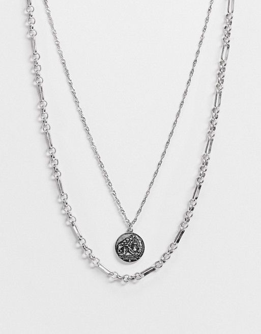 ASOS DESIGN short layered neckchain with coin pendant in burnished silver tone