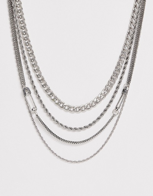 ASOS DESIGN layered neckchain with crystal safety pins in burnished silver
