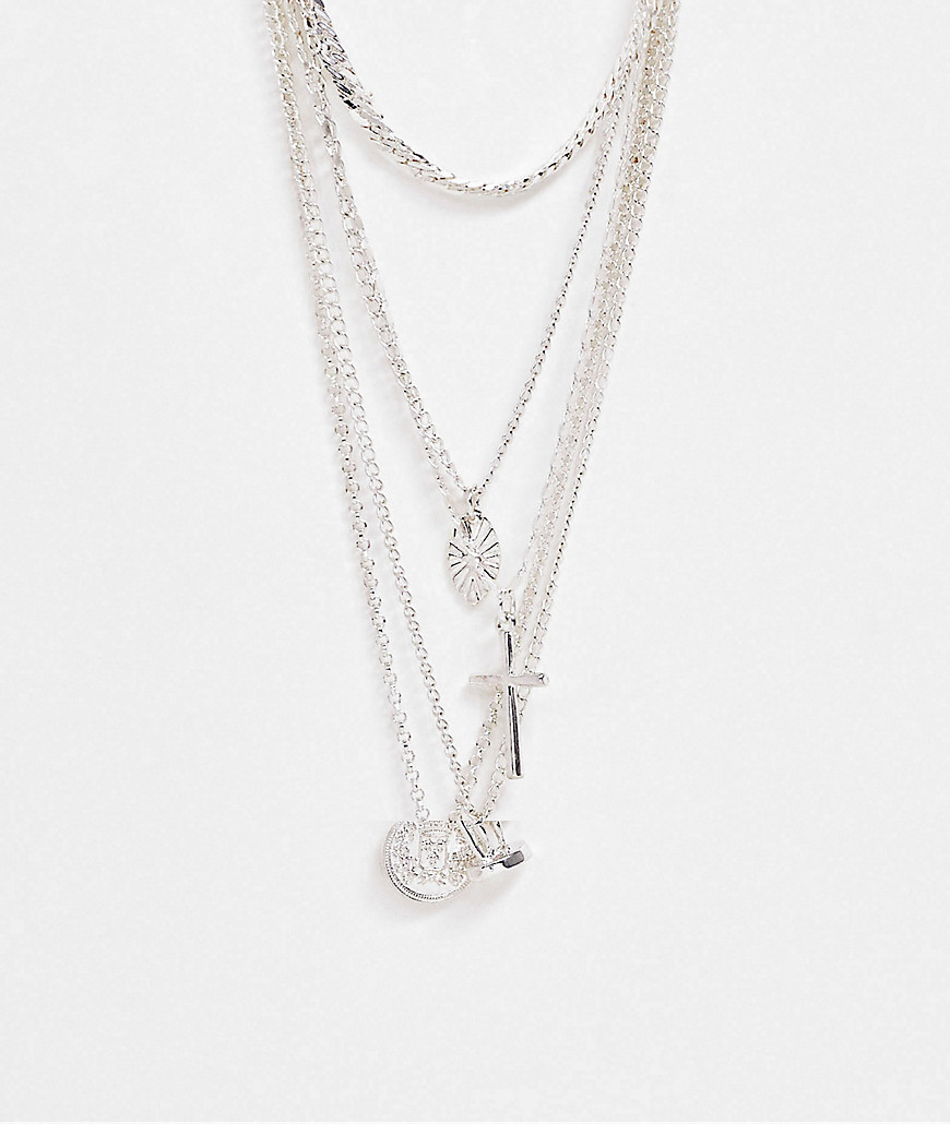 ASOS DESIGN layered neckchain with religious pendants in shiny silver