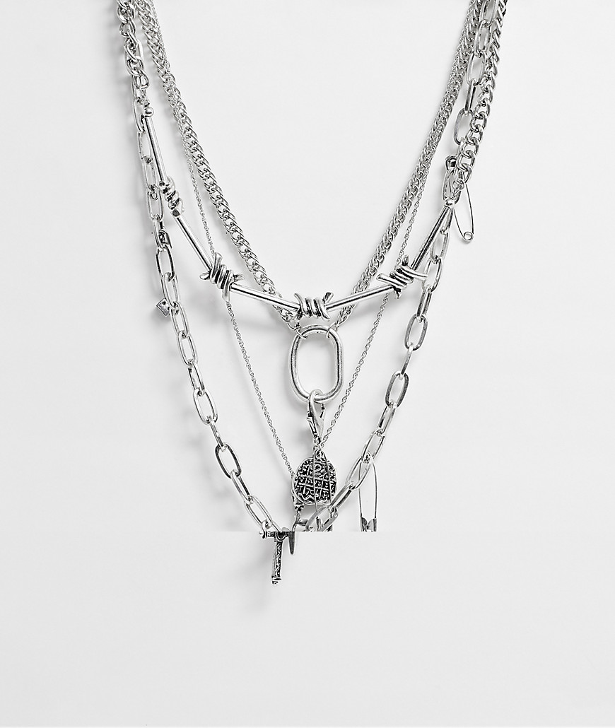 ASOS DESIGN layered necklace with charm and chain interest in burnished silver tone
