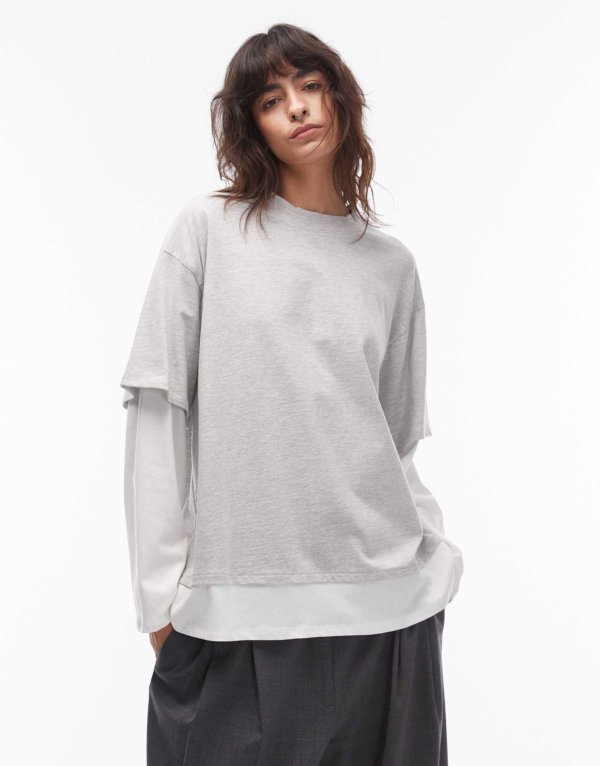 asos design layered oversized long sleeve t-shirt in white and heather gray