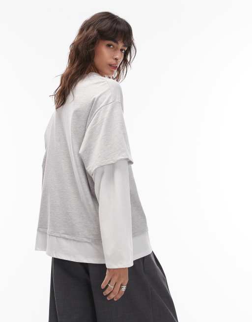 ASOS DESIGN layered oversized long sleeve t-shirt in white and heather gray, 3 of 4