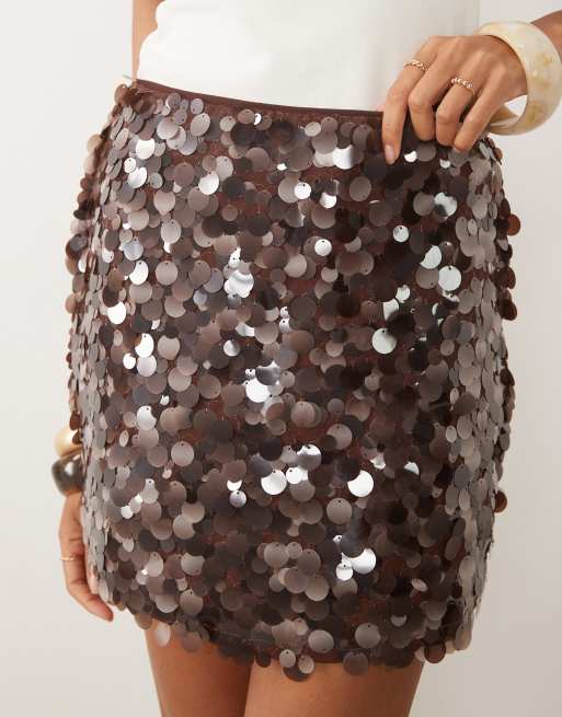 ASOS DESIGN layered sequin mini skirt in brown, 3 of 5