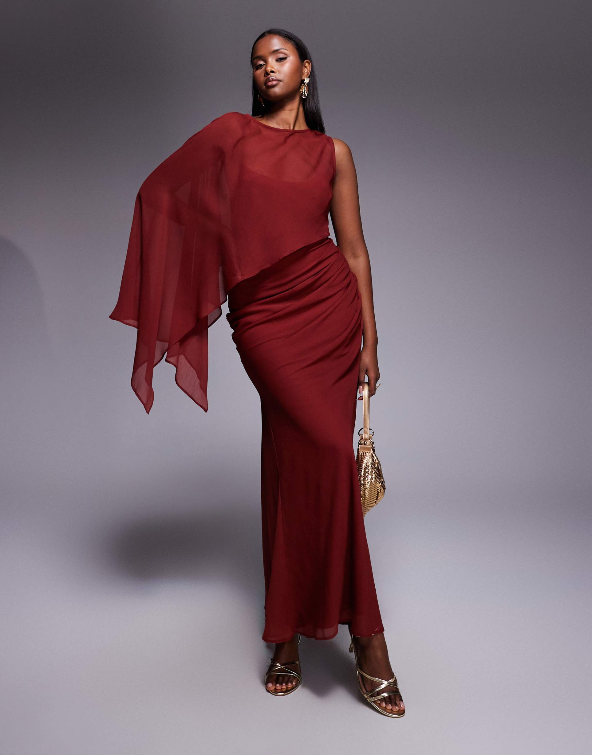asos design layered sleeve overlay dress with draped skirt in chocolate