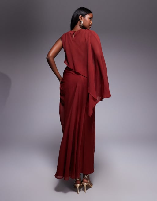 ASOS DESIGN layered sleeve overlay dress with draped skirt in chocolate, 3 of 4