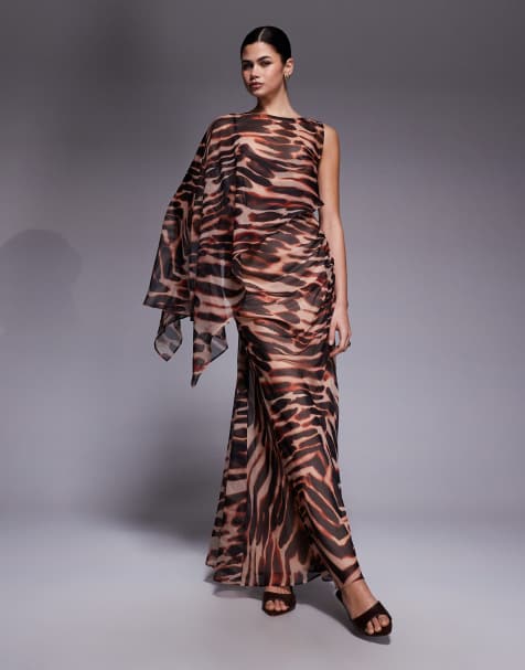 ASOS DESIGN layered sleeve overlay maxi dress with draped skirt in animal