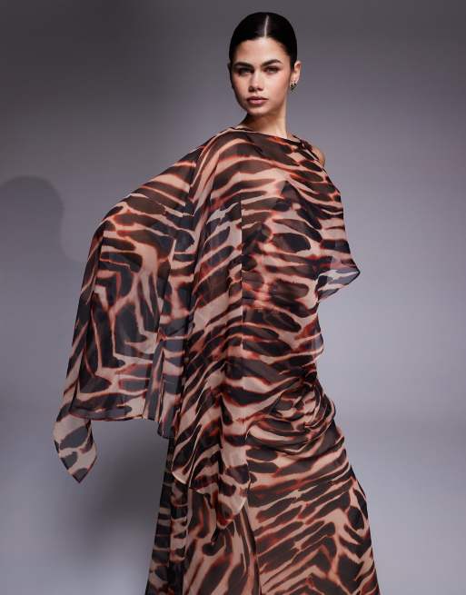 ASOS DESIGN layered sleeve overlay maxi dress with draped skirt in animal, 3 of 4