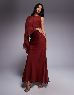 Asos Design Layered Sleeve Overlay Maxi Dress With Draped Skirt In Brown