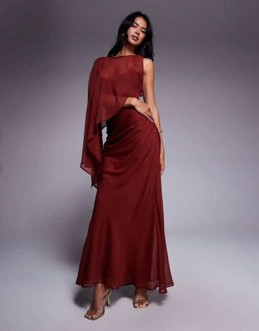 ASOS DESIGN layered sleeve overlay maxi dress with draped skirt in chocolate