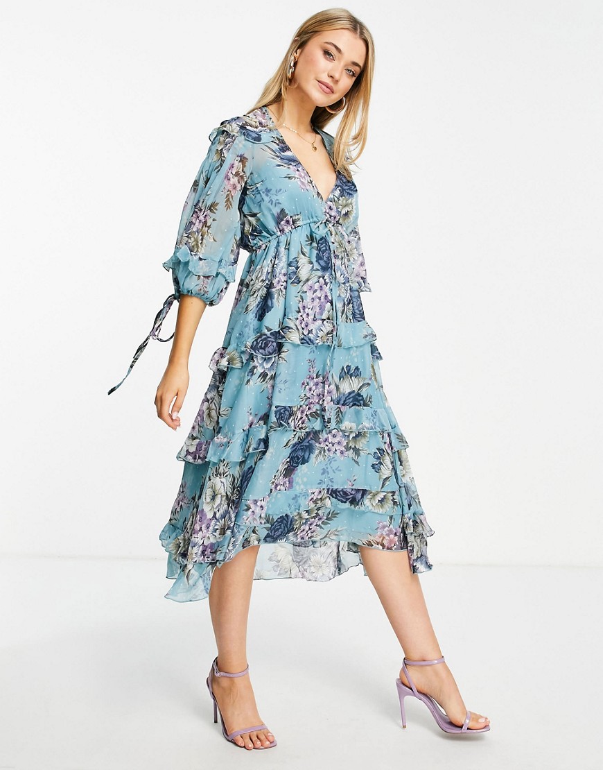 ASOS DESIGN layered smock midi dress with tie detail in floral print-Neutral