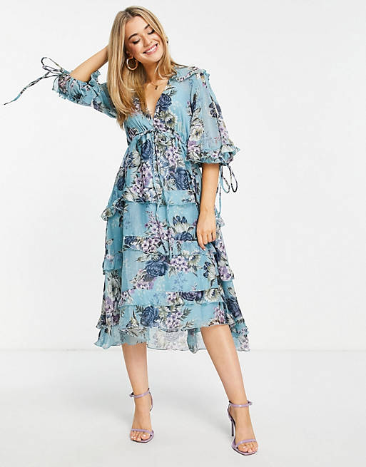 Dresses layered smock midi dress with tie detail in floral print 
