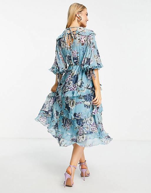 Dresses layered smock midi dress with tie detail in floral print 