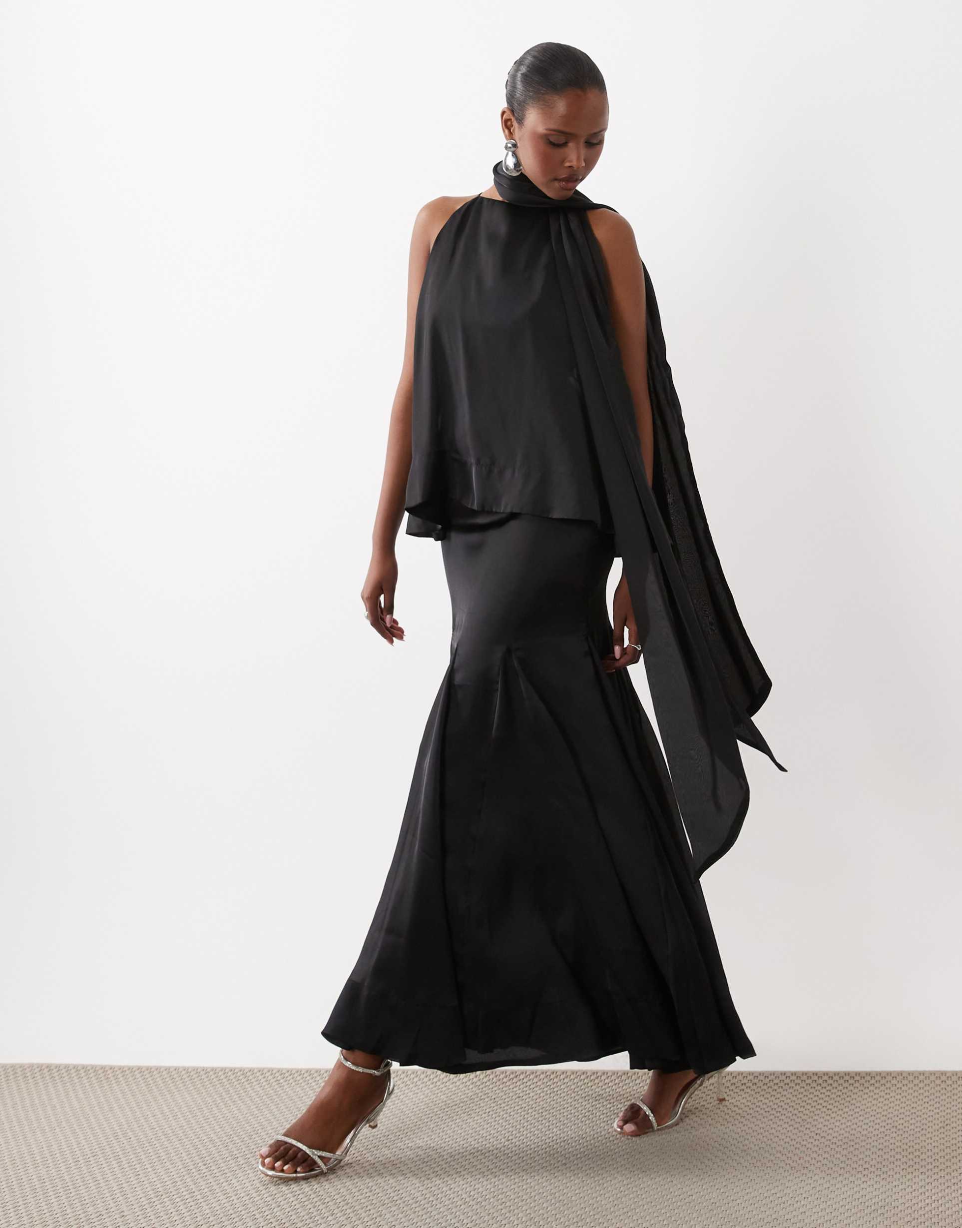 asos design layered tiered cami maxi dress with scarf detail in black